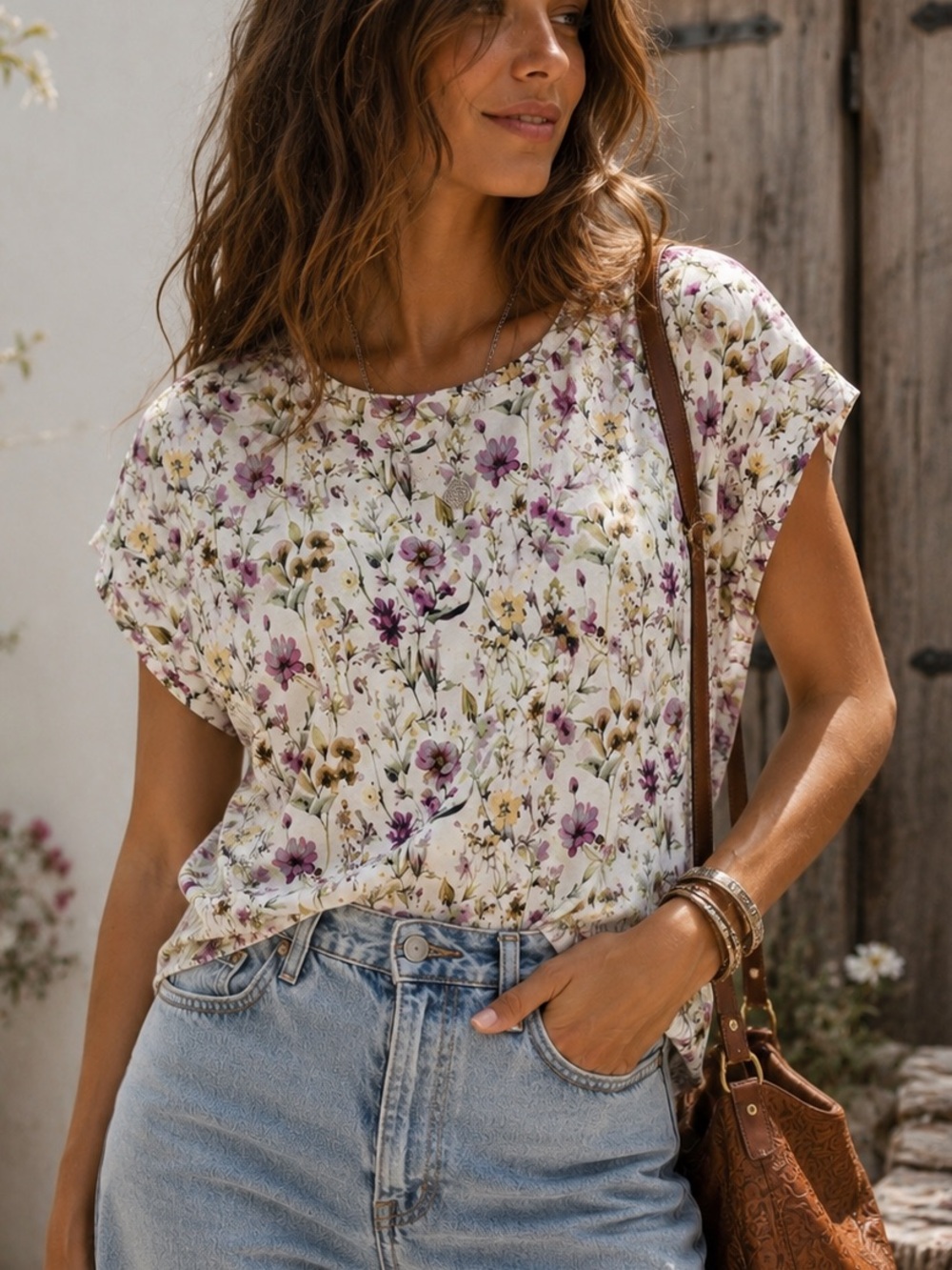 Crown & Ivy Floral Top XL White Pink Shirt Short Sleeve Casual Flower Blouse